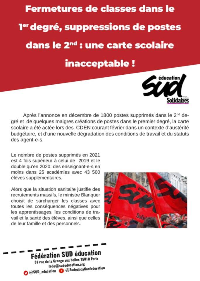 Fermetures de classes dans le 1er degré, suppressions de postes dans le 2d : une carte scolaire inacceptable ! 