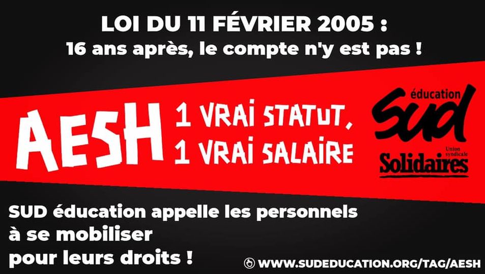 Anniversaire de la loi de 2005 : SUD écrit à la ministre du handicap et revendique un statut pour les AESH