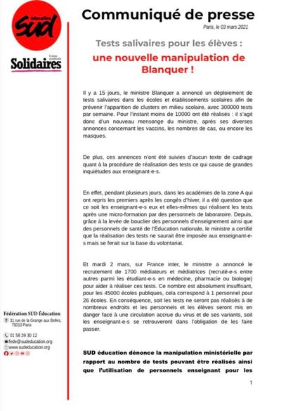 Tests salivaires pour les élèves : une nouvelle manipulation de Blanquer !