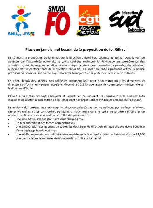 Plus que jamais, nul besoin de la proposition de loi Rilhac ! – Communiqué SUD-SNUipp-SNUDI-FO-CGT éduc’action