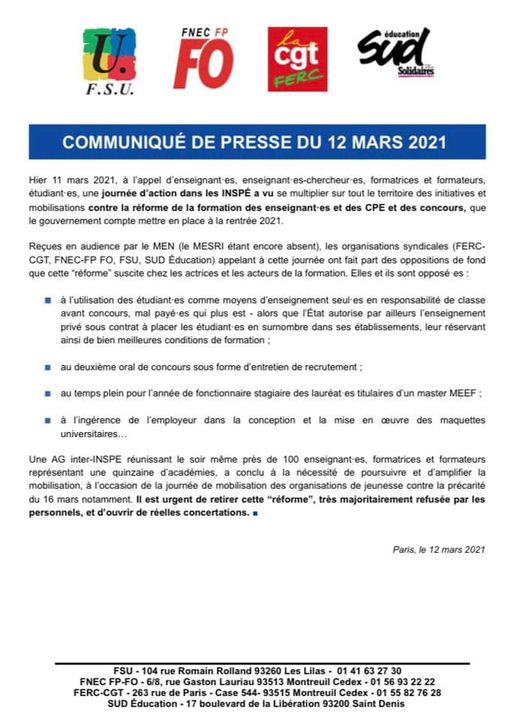 Mobilisations contre la “réforme” de la formation des enseignant-es et CPE ! : communiqué intersyndical FSU-FO-CGT-SUD éducation