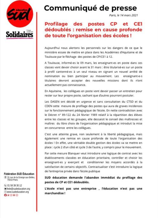 Profilage des postes CP et CE1 dédoublés : remise en cause profonde de toute l’organisation des écoles !