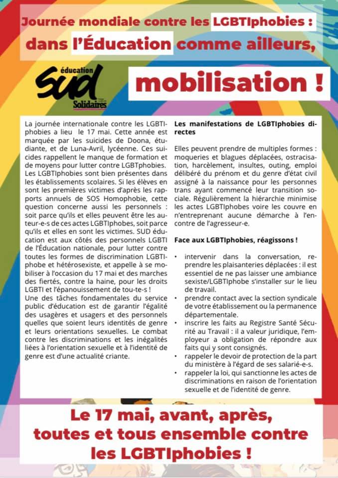 Journée mondiale contre les LGBTIphobies : dans l’Éducation comme ailleurs, mobilisation ! – Tract de SUD éducation