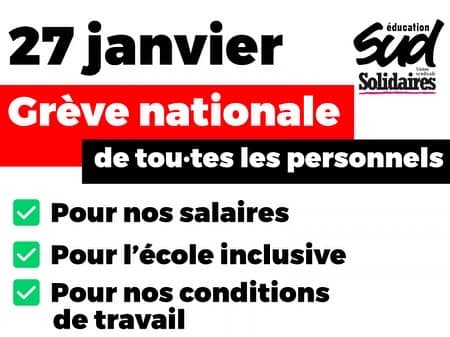 27 janvier, grève nationale de tou.tes les personnels pour nos salaires, pour l’école inclusive, pour nos conditions de travail