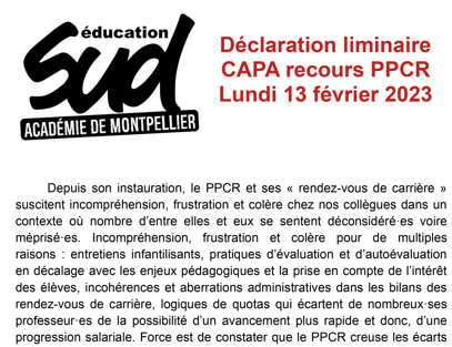 Sud Education académie de Montpellier : déclaration liminaire CAPA recours PPCR 13 02 2023
