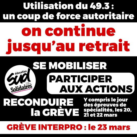Appel de l’AG Education du Gard à se mobiliser les 20 et 21 mars, jour des épreuves de spécialité du bac  / manifestations du jeudi 23 mars 2023