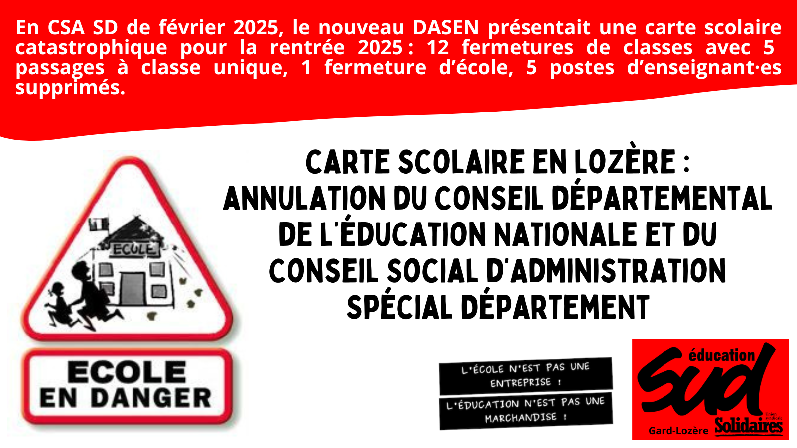 Carte scolaire en Lozère : annulation du CDEN et du CSA SD